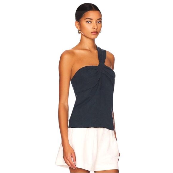 Veronica Beard Belinda Top One Shoulder Jacquard Navy Blue Linen Blend Size 14 - Picture 1 of 11